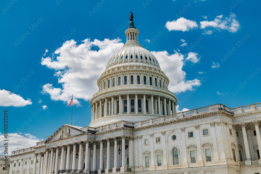 Obraz premium The Capitol building stands tall in Washington, D.C. Clear skies frame this iconic landmark of freedom.