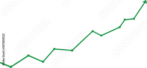 green rising line chart with data points, upward trend arrow showing growth and success on white