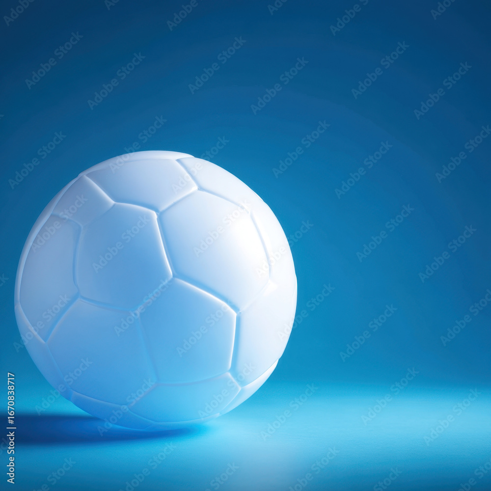 Naklejka premium Close up view of white soccer ball blue background, showcasing its hexagonal pattern and smooth surface. image conveys sense of sport and activity, perfect for themes related to soccer