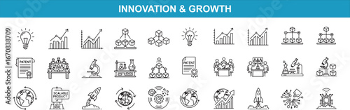 Innovation and growth icons a collection of business, strategy, and innovation symbols for new ventures, featuring icons for idea generation