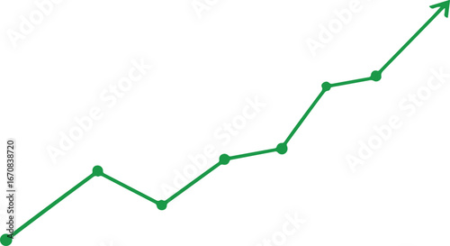 green rising line chart with data points, upward trend arrow showing growth and success on white