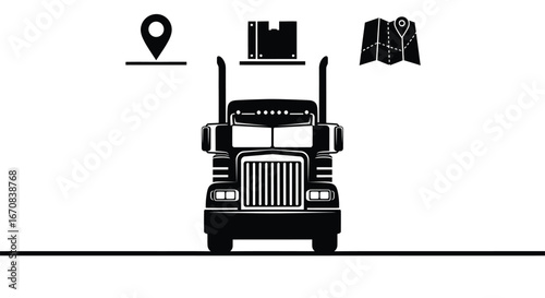 Black silhouette of a semi-truck, ready for shipping, with location and package icons.