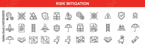 Risk mitigation vector icons set, depicting gear, worker, shield, vest, document, ladder, umbrella, map, tool, handshake, and various risk management concepts