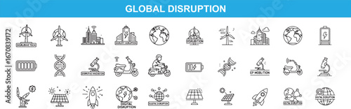 Global disruption icons set featuring technology, innovation, and future concepts, including energy, science, and sustainability