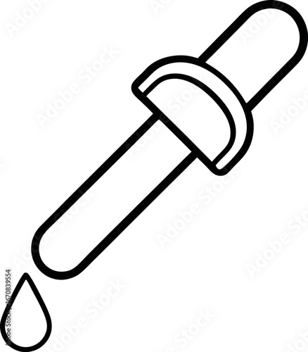 Black and White Line Art of Medical Dropper with Falling Liquid Droplet