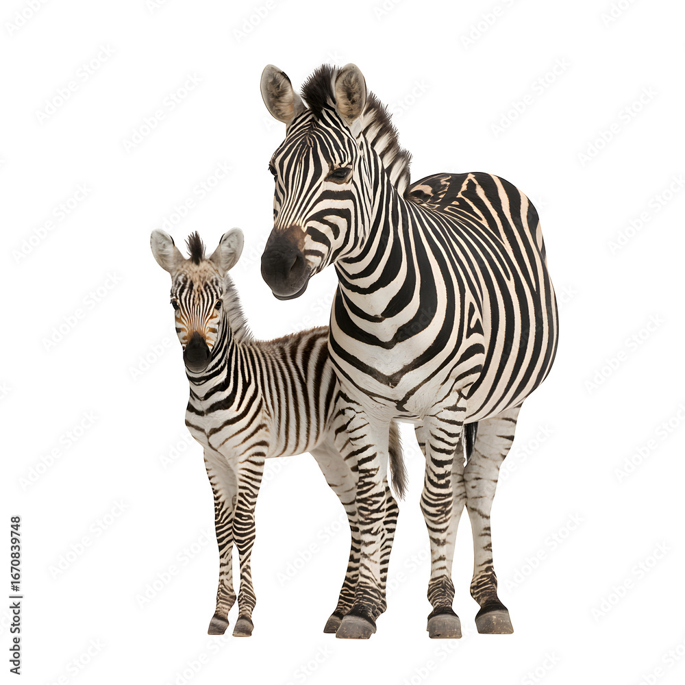 Obraz premium A gentle zebra mother stands protectively beside her curious young foal.