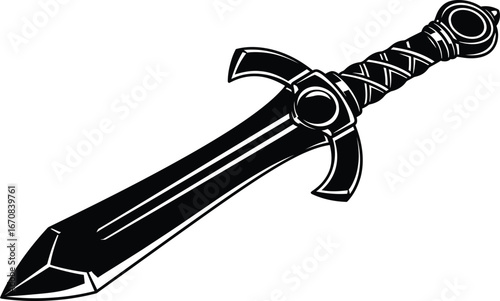 A stylized black and white vector illustration of a fantasy short sword with a decorative hilt, isolated on a white background.