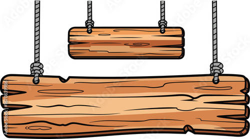 Two wooden signs hanging from ropes.