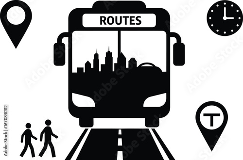A black and white illustration of a bus with the word ROUTES on its front, symbolizing urban transportation and city travel.