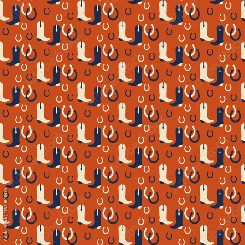 Seamless pattern with cowboy boots and horseshoes Cowboy objects Vector illustration