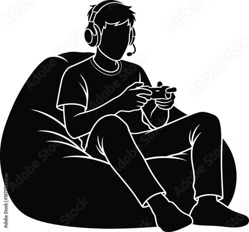 Silhouette of a person engrossed in video gaming while seated on a beanbag chair.