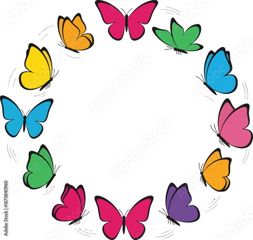 Colorful butterflies in a circular frame design.