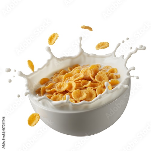 Delicious corn flakes cereal in milk with dynamic splash on white background ready for breakfast time healthy start to the day