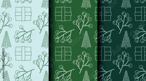 Bundle of Christmas seamless vector patterns with holiday icons. Three color palettes perfect for wrapping, invitations, and seasonal projects.