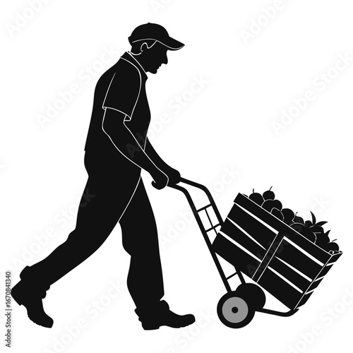 Worker Pushing Hand Truck Loaded with Wooden Crate of Fruit: Black and White Silhouette Illustration