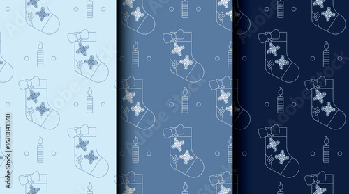 Bundle of Christmas seamless vector patterns with holiday icons. Three color palettes perfect for wrapping, invitations, and seasonal projects.