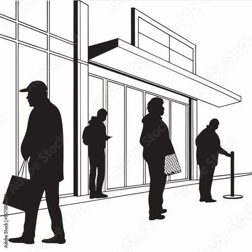 Silhouette of Shoppers Waiting in Line Outside Modern Store Building, Minimalist Black and White Vector Illustration