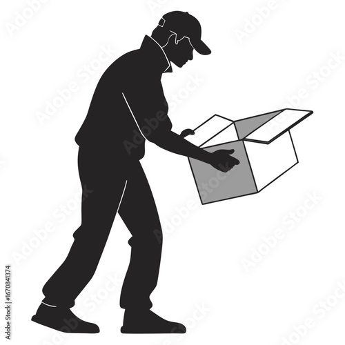 Delivery Person Silhouette Inspecting Open Package; Simple, Monochrome Illustration
