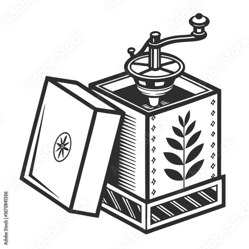 Vintage Coffee Grinder Illustration: Monochrome, Hand-Drawn Style, Open Box, Coffee Bean Design