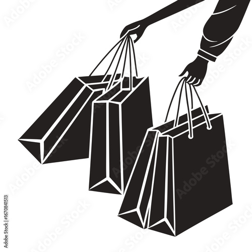 Stylish Black and White Illustration: Hands Carrying Multiple Shopping Bags