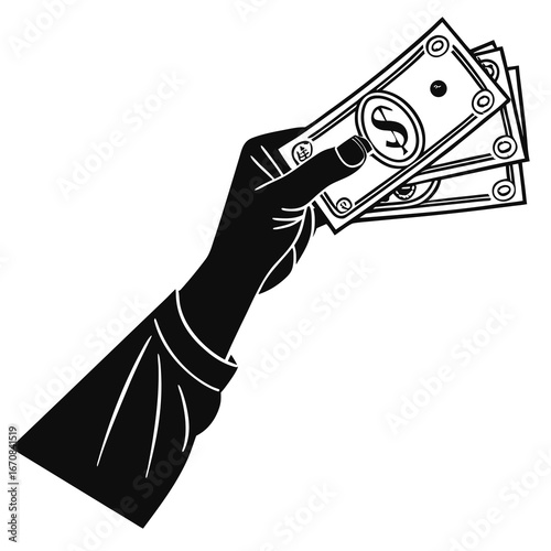Hand Holding Cash, Monochrome Illustration, Business Finance Concept, Payment Transaction,  Retro Style,  Simple Graphic Design.