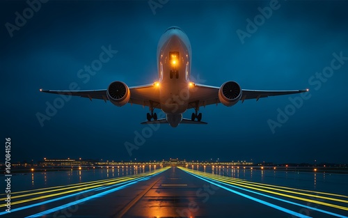 Dramatic Night Flight Airplane Taking Off into the Dark Sky with Runway Lights and Modern Jet Ready for Departure