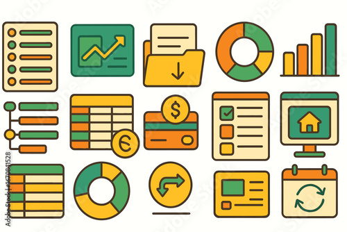 Business and finance icon set. flat style icons for data, charts, and analytics
