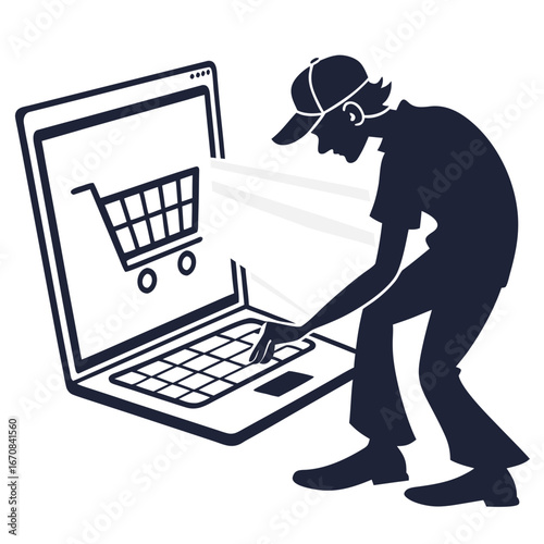 Online Shopping:  Stylish Silhouette of Man Making Purchase on Laptop