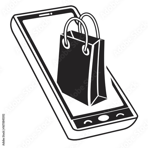 Mobile Shopping Bag Icon: Simple Black and White Smartphone E-commerce Illustration