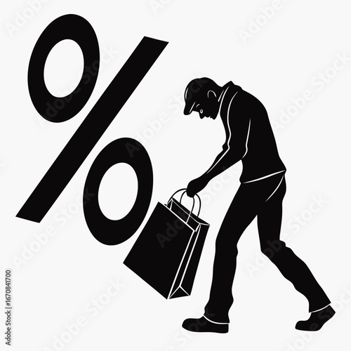 Silhouette of Man Straining Under Weight of Large Shopping Bag and Oversized Percentage Sign;  Black and White Minimalist Design;  Concept of Discount Burden.