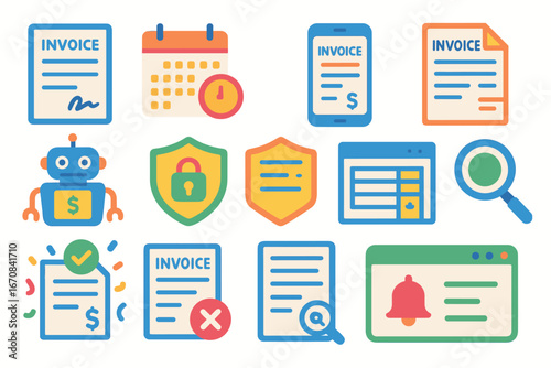 Finance, business flat icon set. invoicing, payment, security, mobile icons collection
