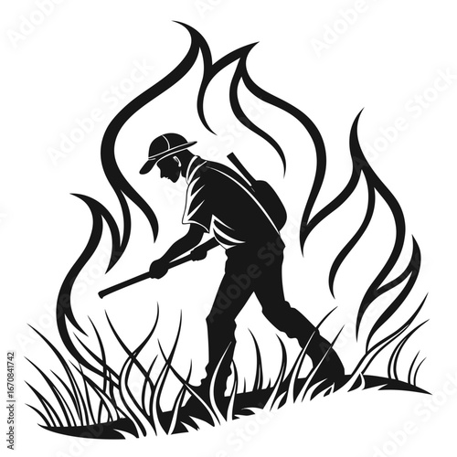 Dramatic Silhouette of Firefighter Battling Wildfire in Grasslands