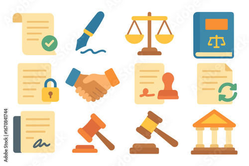 Legal, law flat icon set. justice, court symbols collection for attorneys
