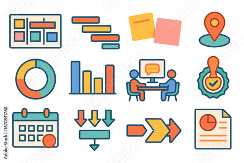 Project management flat icon set. budget, planning, collaboration icons collection