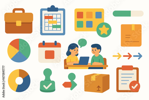 Business and office flat icon set. workflow, productivity, calendar icons collection