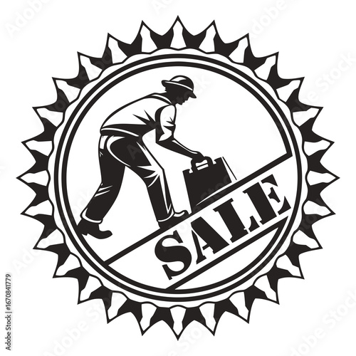 Vintage Black and White Sale Stamp: Man Carrying Shopping Bag, Retro Style, Strong Graphic Design.