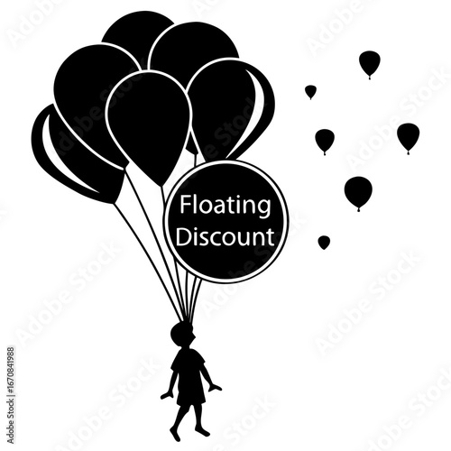 Child Soaring with Balloons:  Black and White Silhouette, Floating Discount Concept, Joyful Upward Movement
