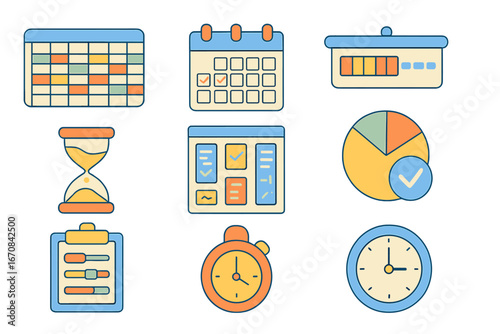 Calendar and time management icon set. organize with outline icons collection