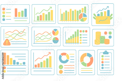 Data analysis, statistics flat icon set. charts, graphs, reports icons collection