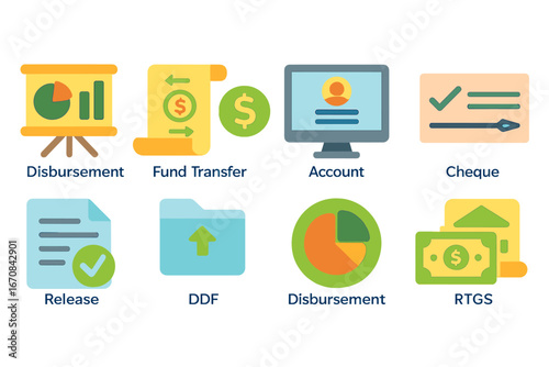 Financial activities icon set. disbursement, fund transfer flat icons collection