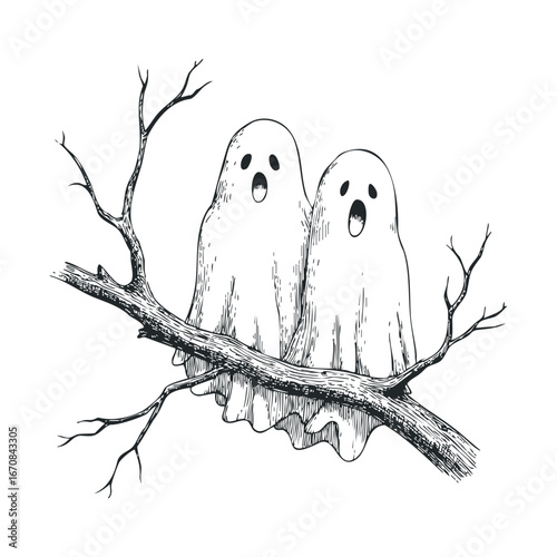 Ghosts perched on a branch during a spooky season celebration. Halloween vector illustration
