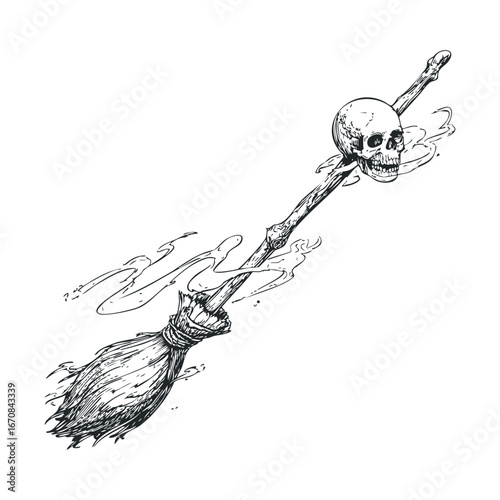 Creative design of a broom with a skull for Halloween decoration. Halloween vector illustration