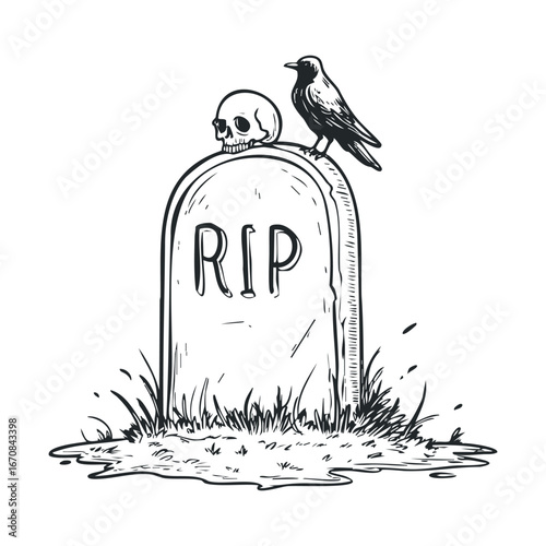 Cemetery monument with skull and crow in spooky theme. Halloween vector illustration