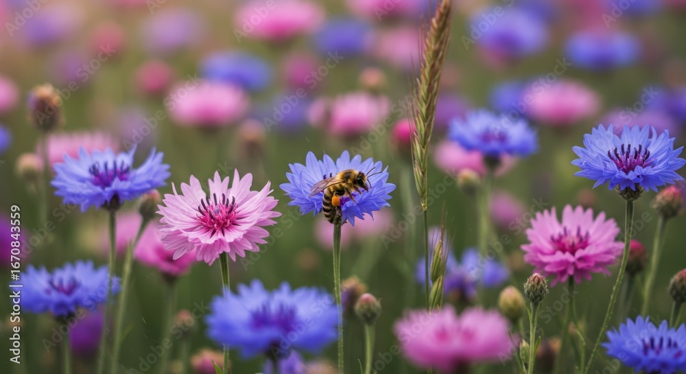 Fototapeta premium Bee Pollinating Flowers A Colorful Meadow Scene