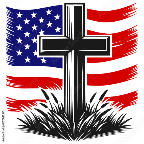 Patriotic cross Svg with an American flag and a field of grass, a powerful symbol of faith, freedom, and remembrance, perfect for religious and national holidays.