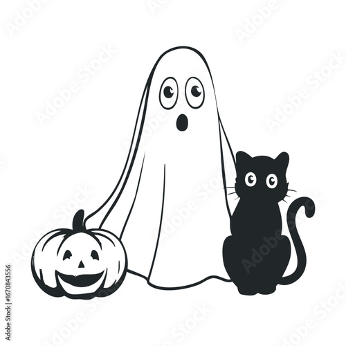 Ghost and cat with Halloween pumpkin for festive decoration. Halloween vector illustration