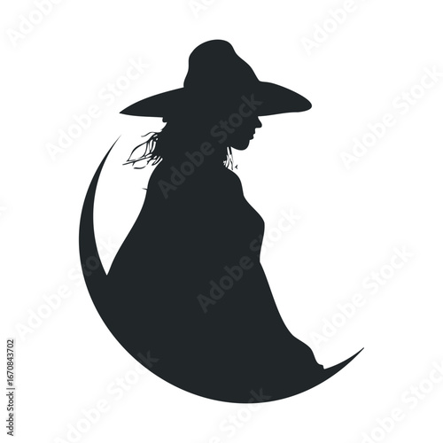 Witch silhouette on crescent moon for Halloween design. Halloween vector illustration