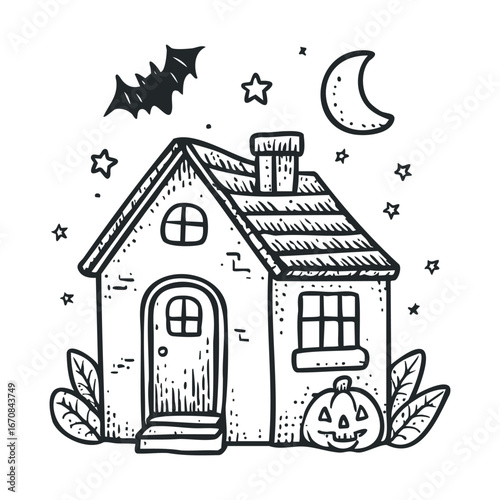 Halloween theme cozy house decorated with a pumpkin and bat. Halloween vector illustration