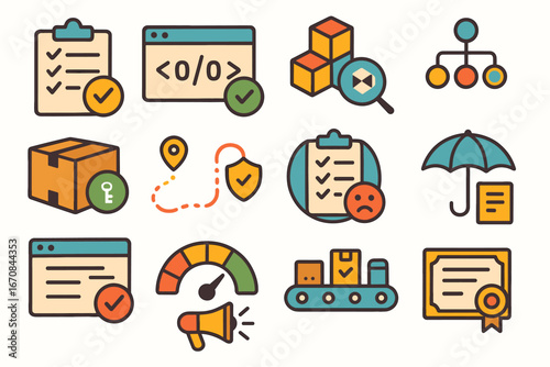 Business, technology flat icon set. logistics, security, analytics graphics collection
