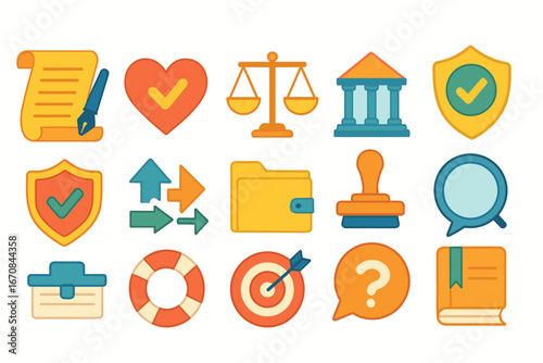 Law and security flat icon set. document, justice, protection icons collection